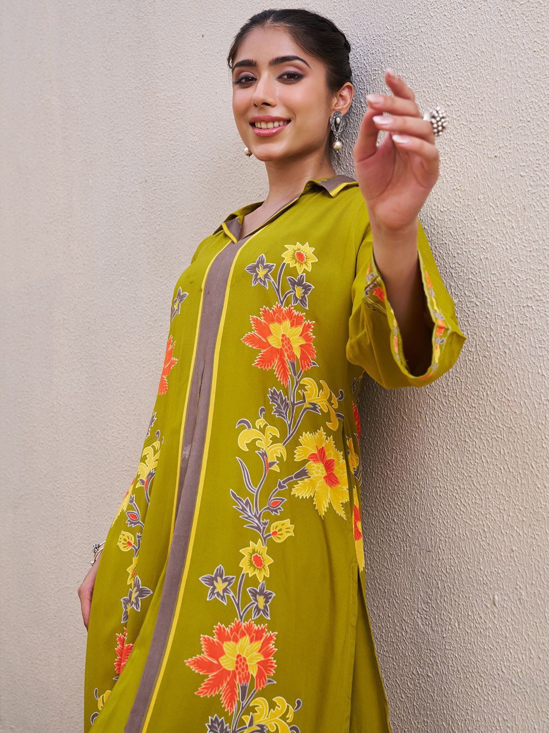 Dhiyona IE Floral Printed Shirt Collar A-Line Tunic & Palazzo