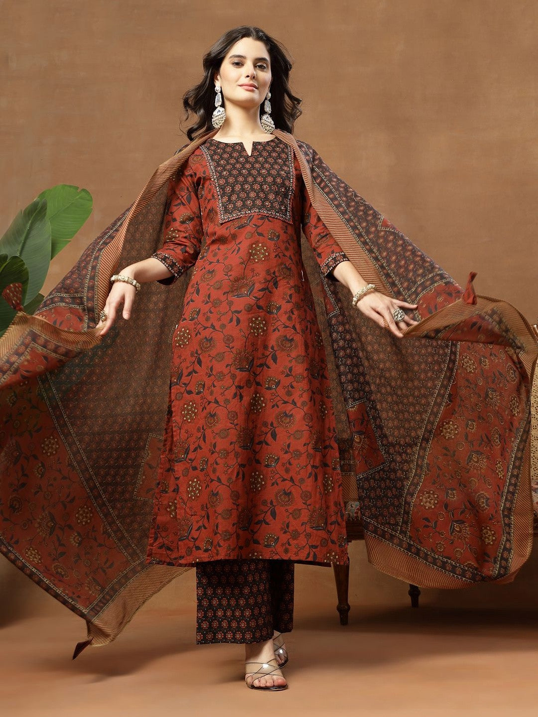 Printed Pure Cotton Round Neck Kurta & Palazzos With Dupatta