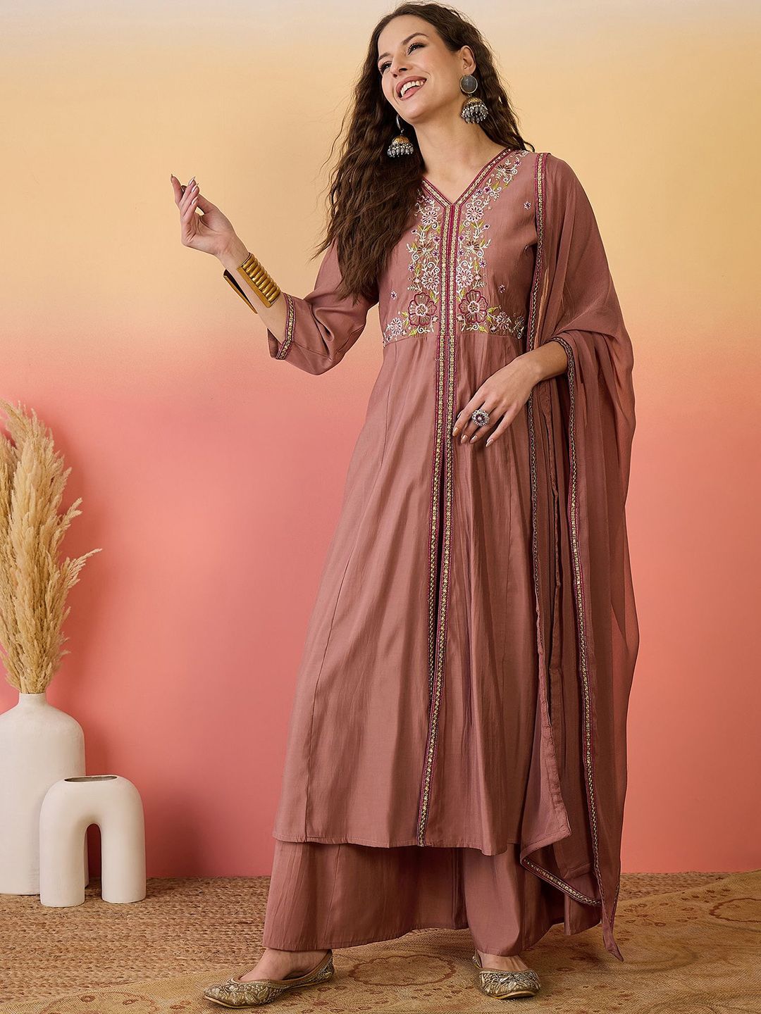 Dhiyona SN Floral Embroidered Silk Anarkali Kurta & Palazzo With Dupatta