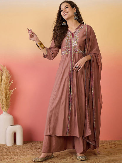 Dhiyona SN Floral Embroidered Silk Anarkali Kurta & Palazzo With Dupatta
