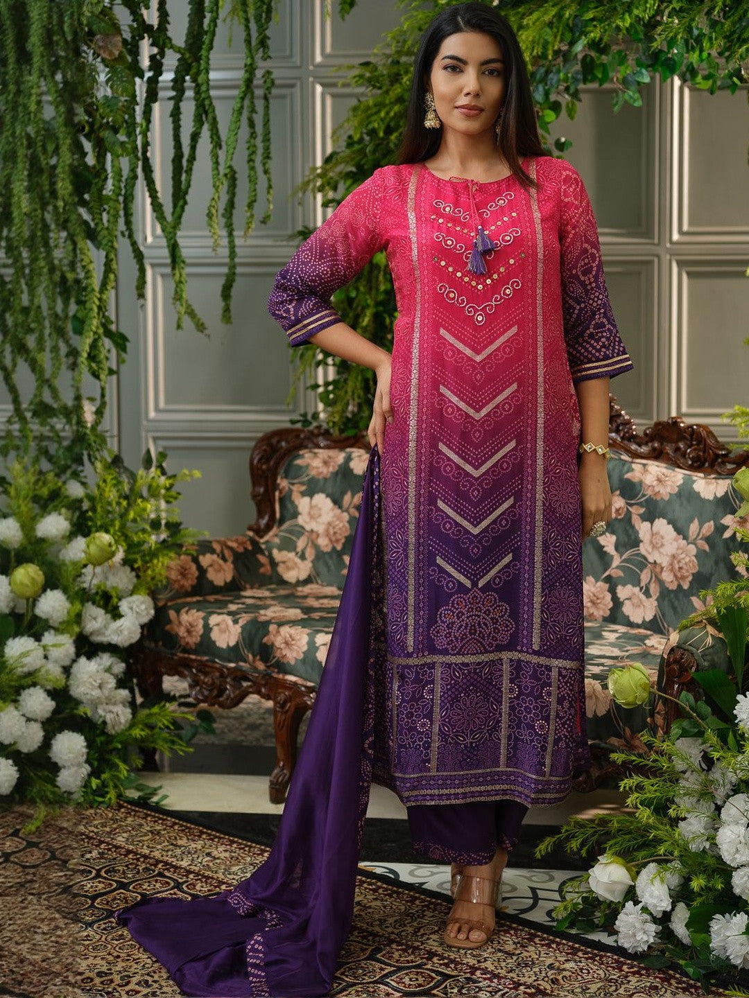 Bandhani Printed Sequinned Straight Kurta with Trousers & Dupatta