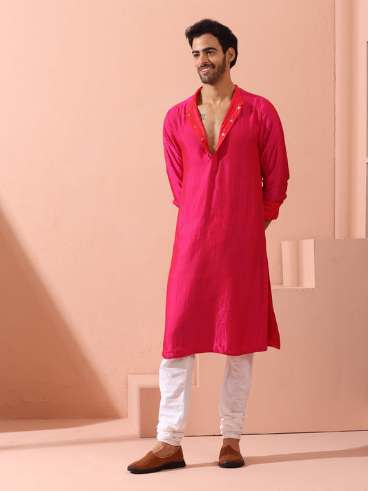 Dhiyona ST Reversible Romance and Charm Red Pink Satin Kurta With Snaps