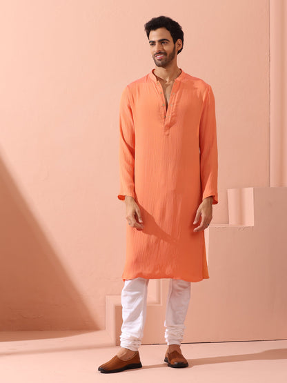 Dhiyona ST Men’s Reversible Peach & Orange Chiffon Kurta with Snaps 1 Piece | A-Line, Round Neck, Full Sleeves, Festive Wear, (Chiffon)