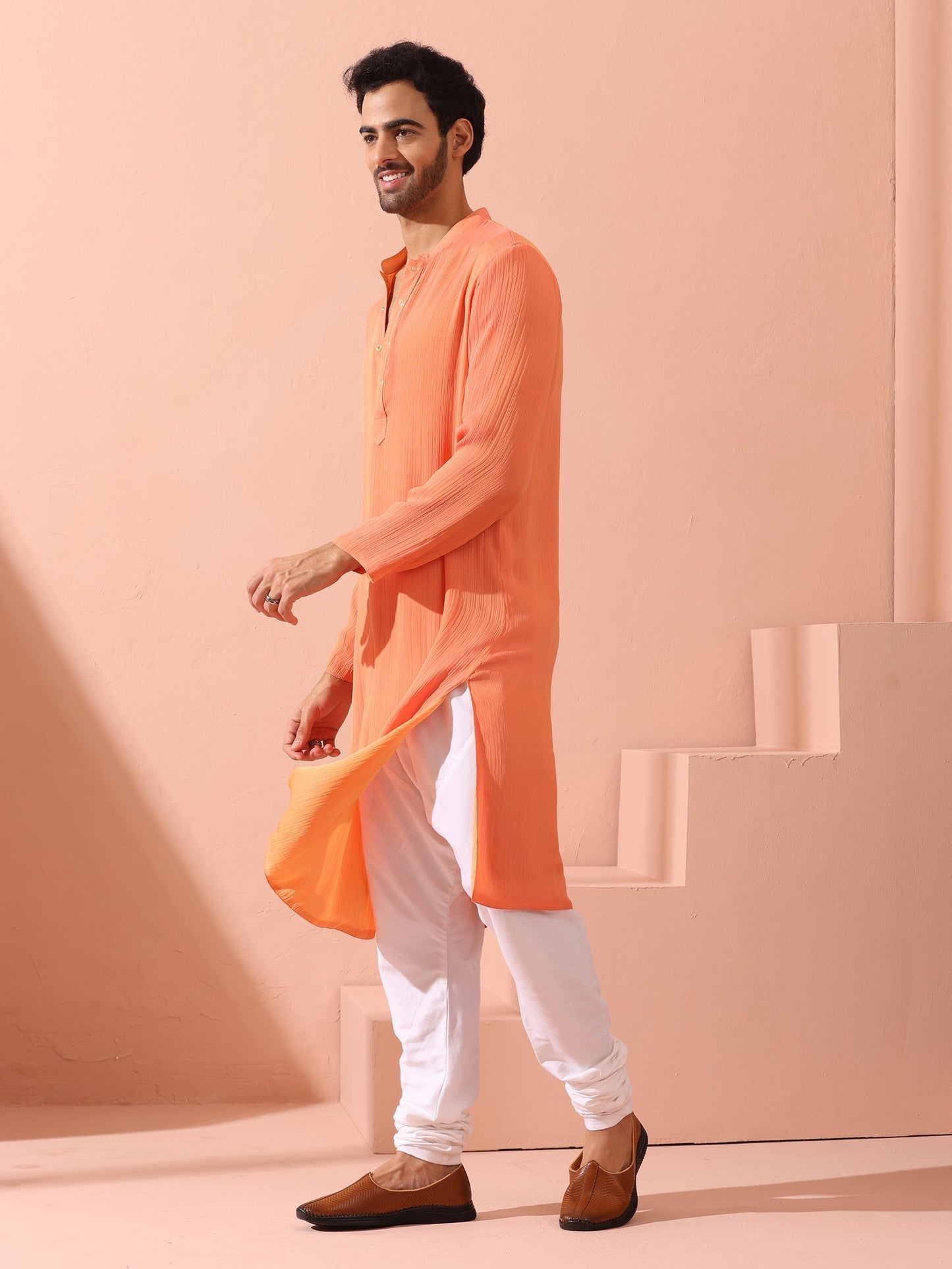 Dhiyona ST Men’s Reversible Peach & Orange Chiffon Kurta with Snaps 1 Piece | A-Line, Round Neck, Full Sleeves, Festive Wear, (Chiffon)