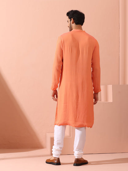 Dhiyona ST Men’s Reversible Peach & Orange Chiffon Kurta with Snaps 1 Piece | A-Line, Round Neck, Full Sleeves, Festive Wear, (Chiffon)