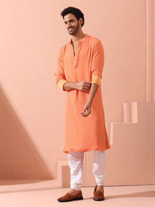 Dhiyona ST Men’s Reversible Peach & Orange Chiffon Kurta with Snaps 1 Piece | A-Line, Round Neck, Full Sleeves, Festive Wear, (Chiffon)
