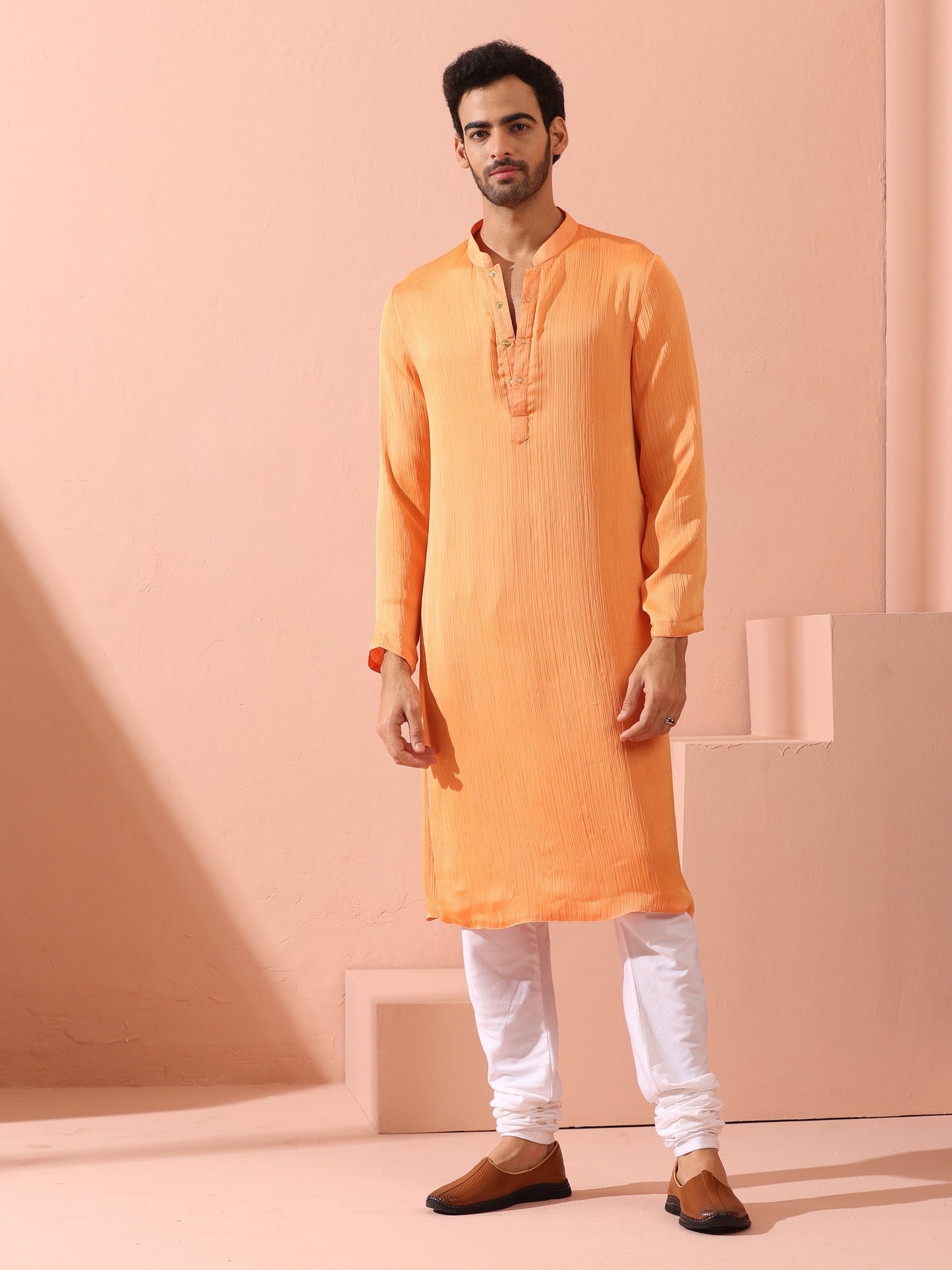 Dhiyona ST Men’s Reversible Peach & Orange Chiffon Kurta with Snaps 1 Piece | A-Line, Round Neck, Full Sleeves, Festive Wear, (Chiffon)