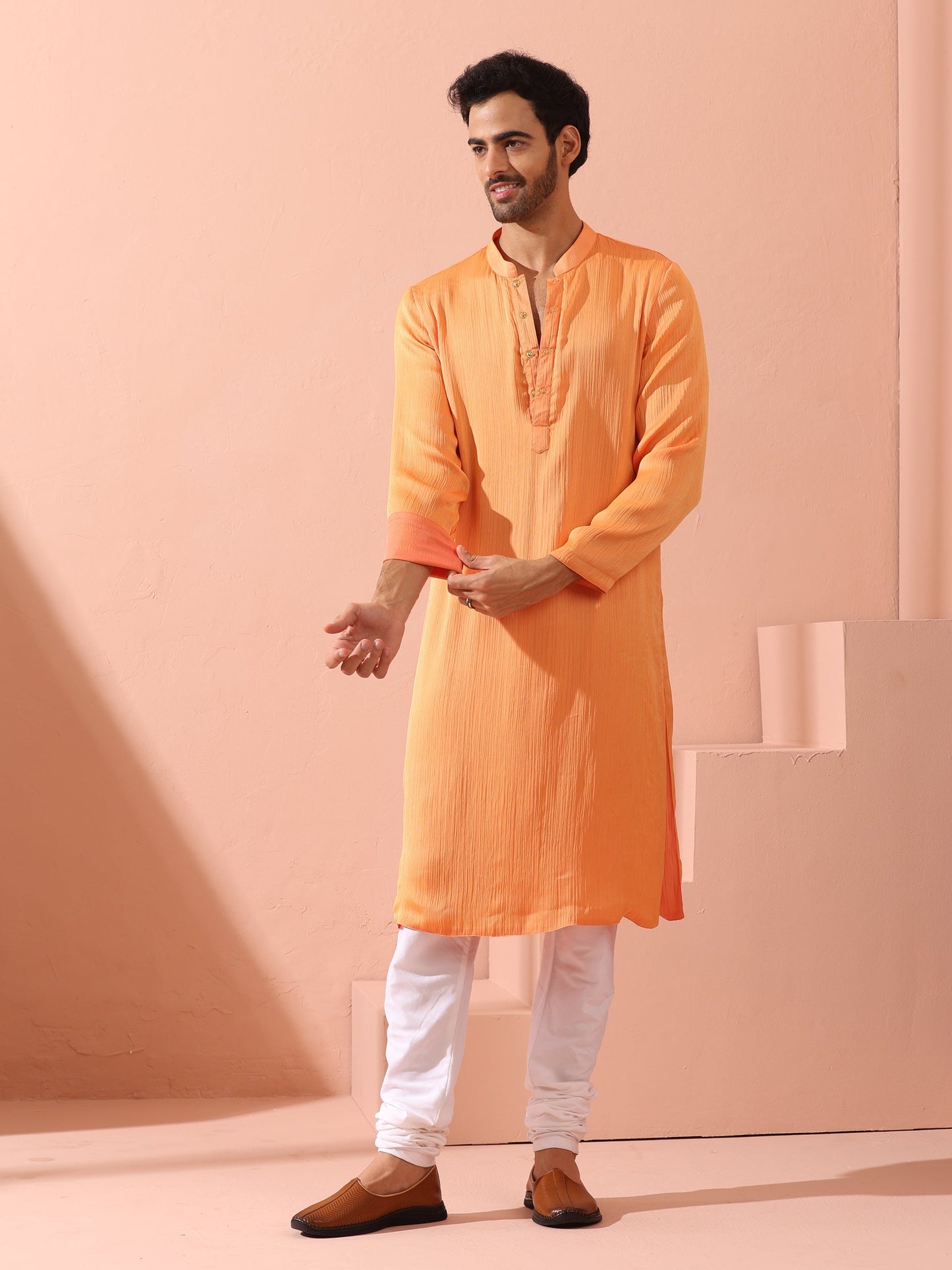 Dhiyona ST Men’s Reversible Peach & Orange Chiffon Kurta with Snaps 1 Piece | A-Line, Round Neck, Full Sleeves, Festive Wear, (Chiffon)