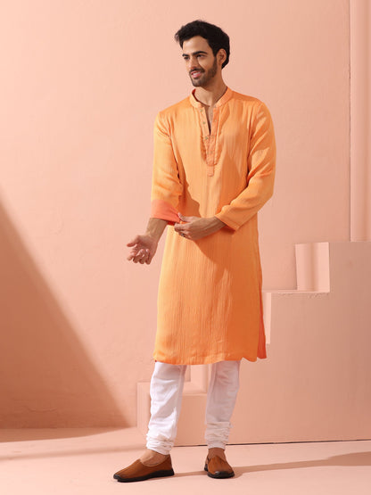 Dhiyona ST Men’s Reversible Peach & Orange Chiffon Kurta with Snaps 1 Piece | A-Line, Round Neck, Full Sleeves, Festive Wear, (Chiffon)