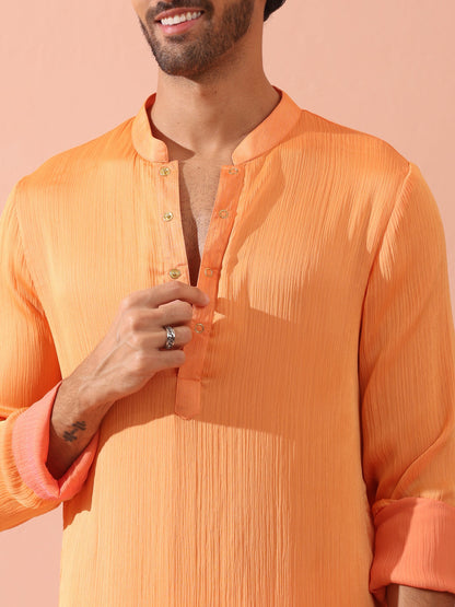 Dhiyona ST Men’s Reversible Peach & Orange Chiffon Kurta with Snaps 1 Piece | A-Line, Round Neck, Full Sleeves, Festive Wear, (Chiffon)