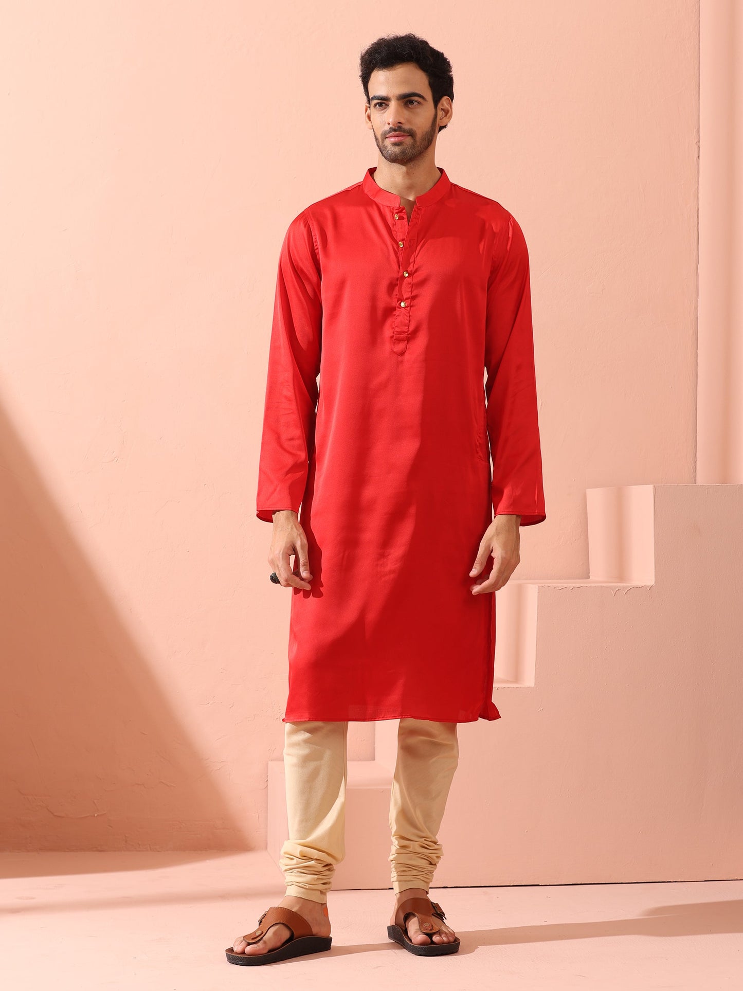 Dhiyona ST Creed Red Satin Kurta with Gold Buttons