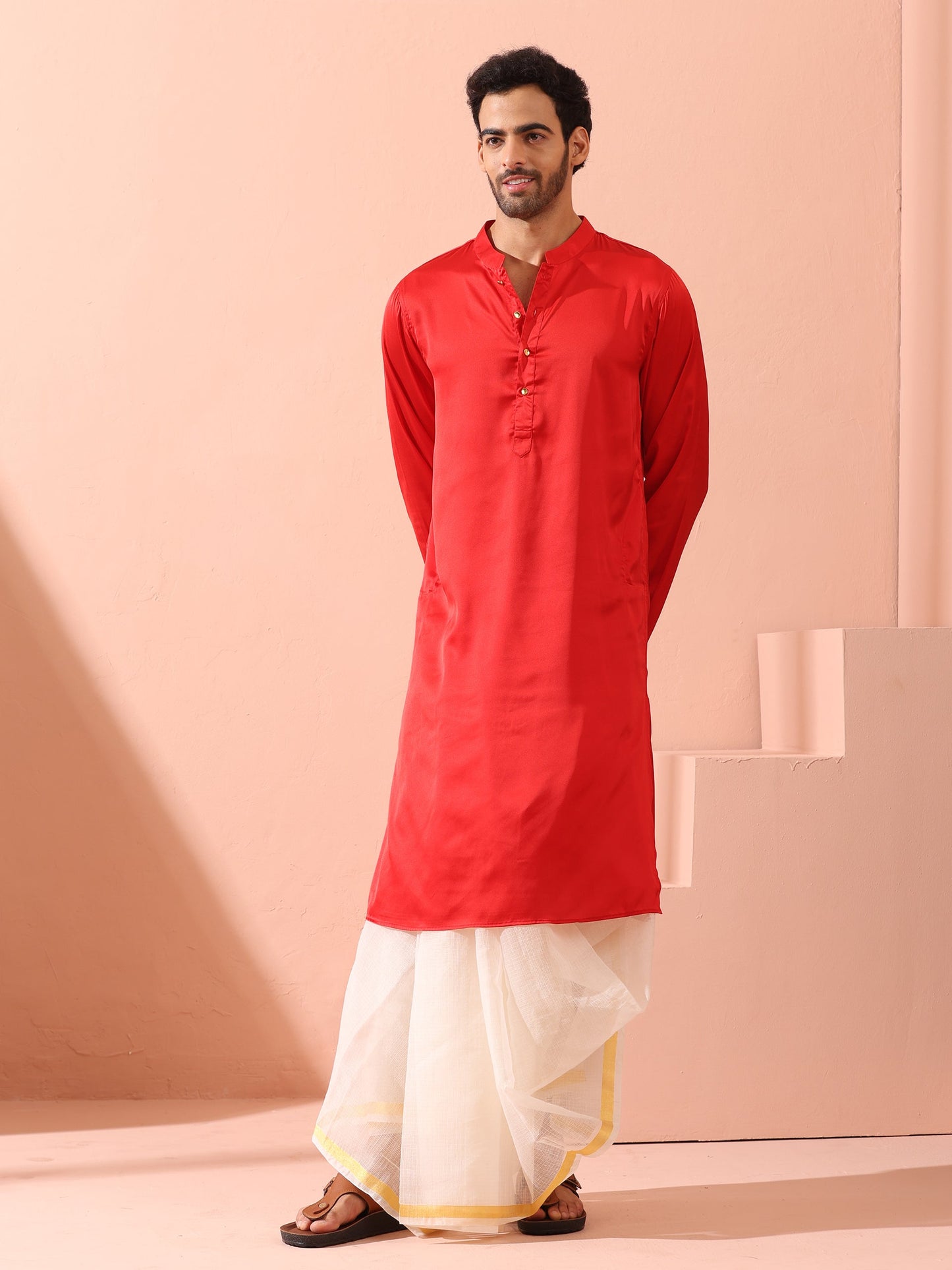 Dhiyona ST Creed Red Satin Kurta with Gold Buttons