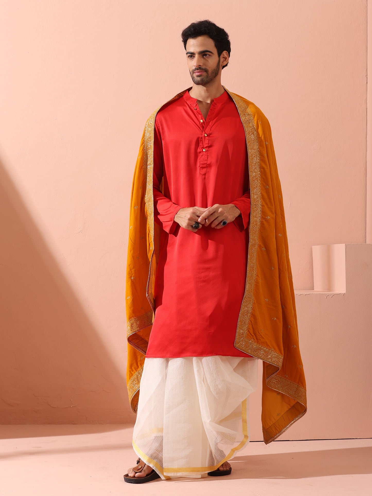 Dhiyona ST Creed Red Satin Kurta with Gold Buttons