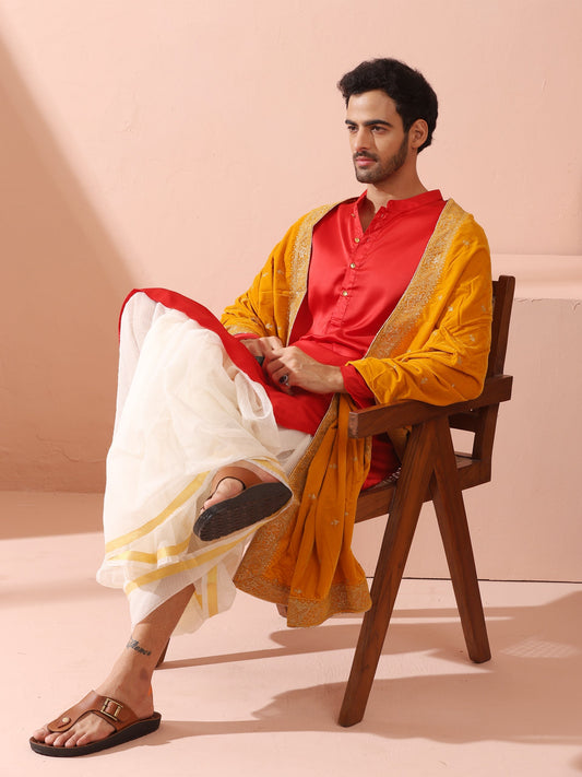 Dhiyona ST Creed Red Satin Kurta with Gold Buttons