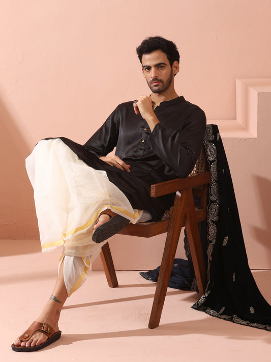 Dhiyona ST Boss Black Satin Kurta with Gold Buttons