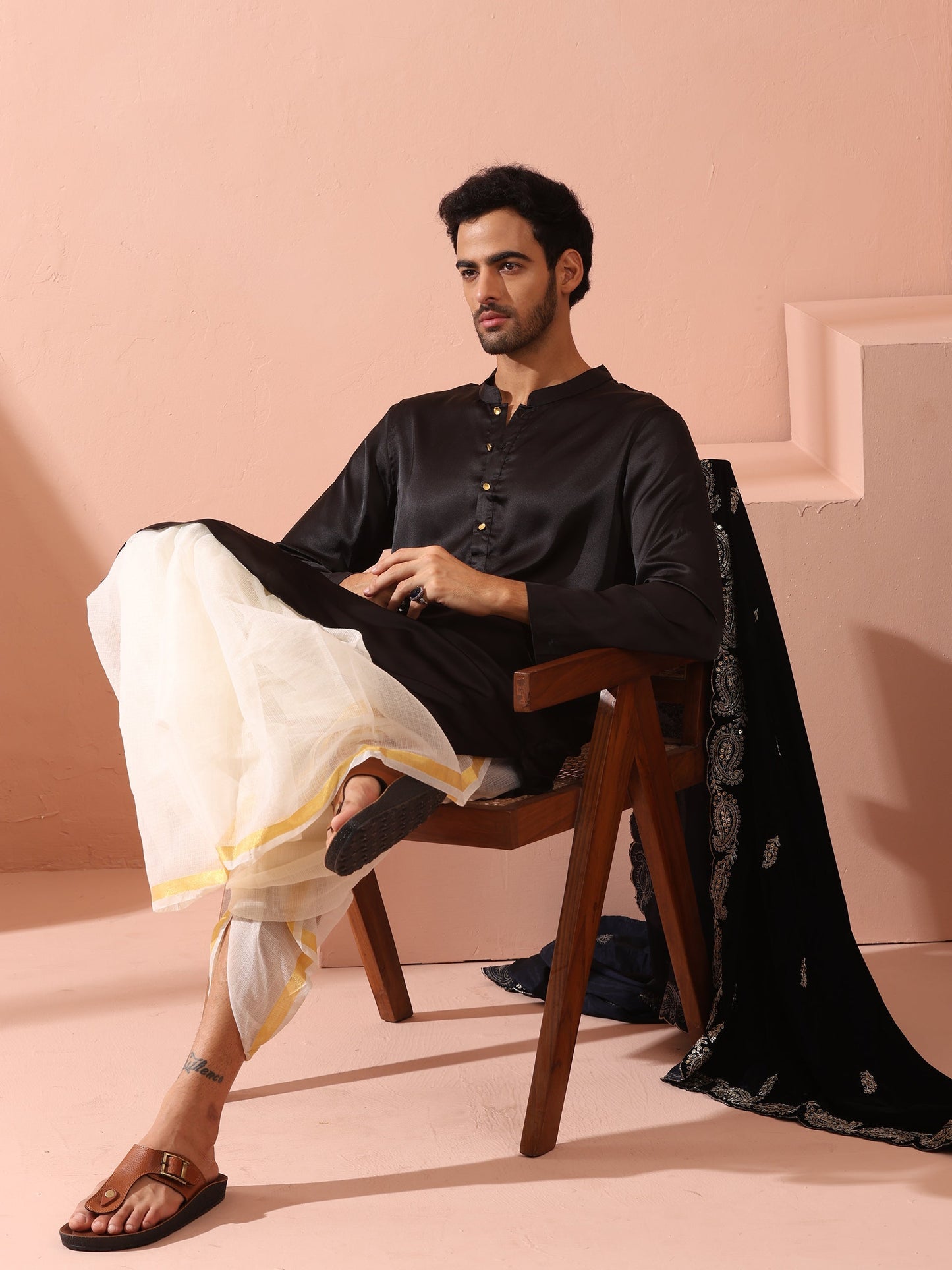 Dhiyona ST Boss Black Satin Kurta with Gold Buttons
