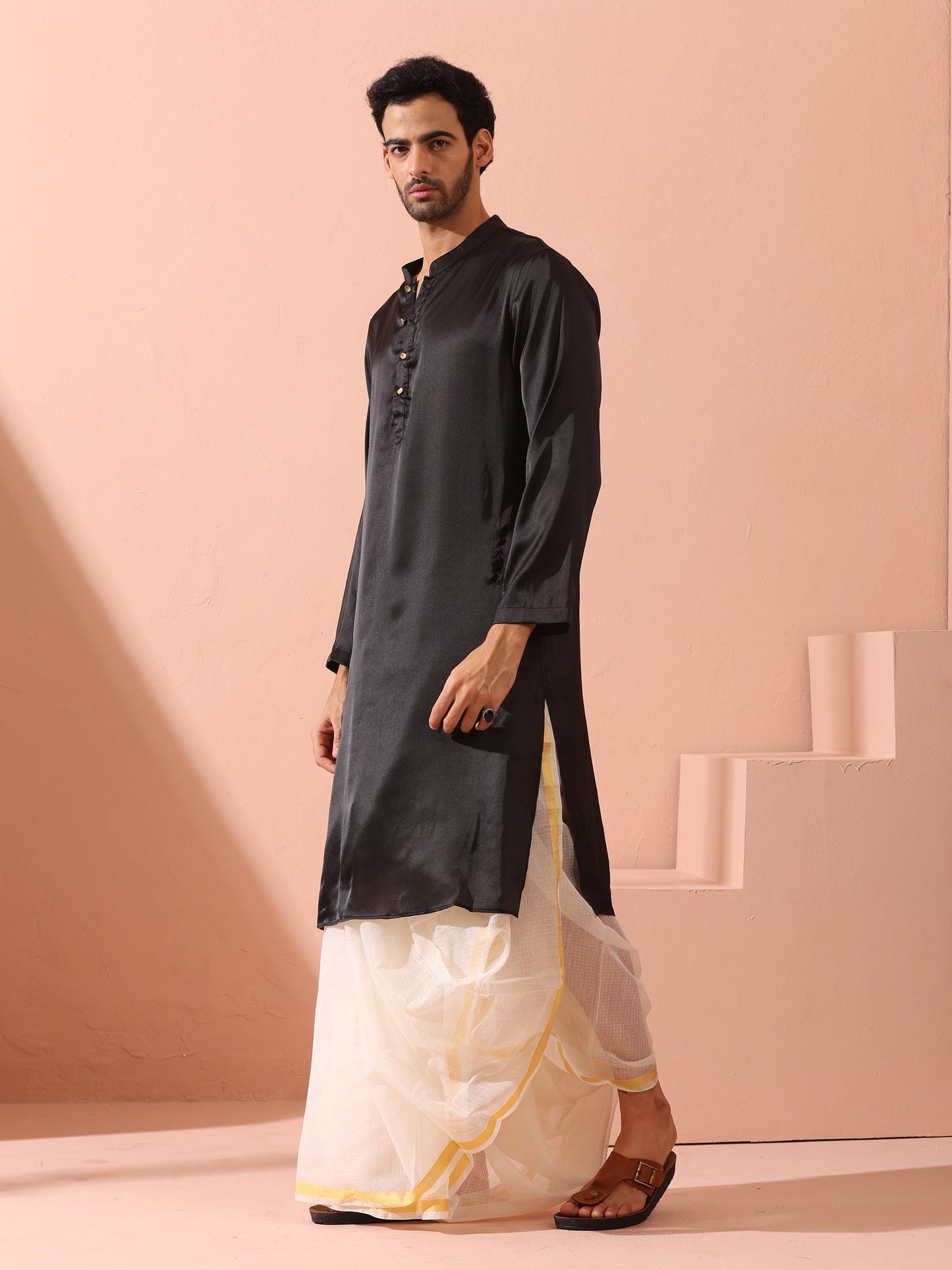 Dhiyona ST Boss Black Satin Kurta with Gold Buttons