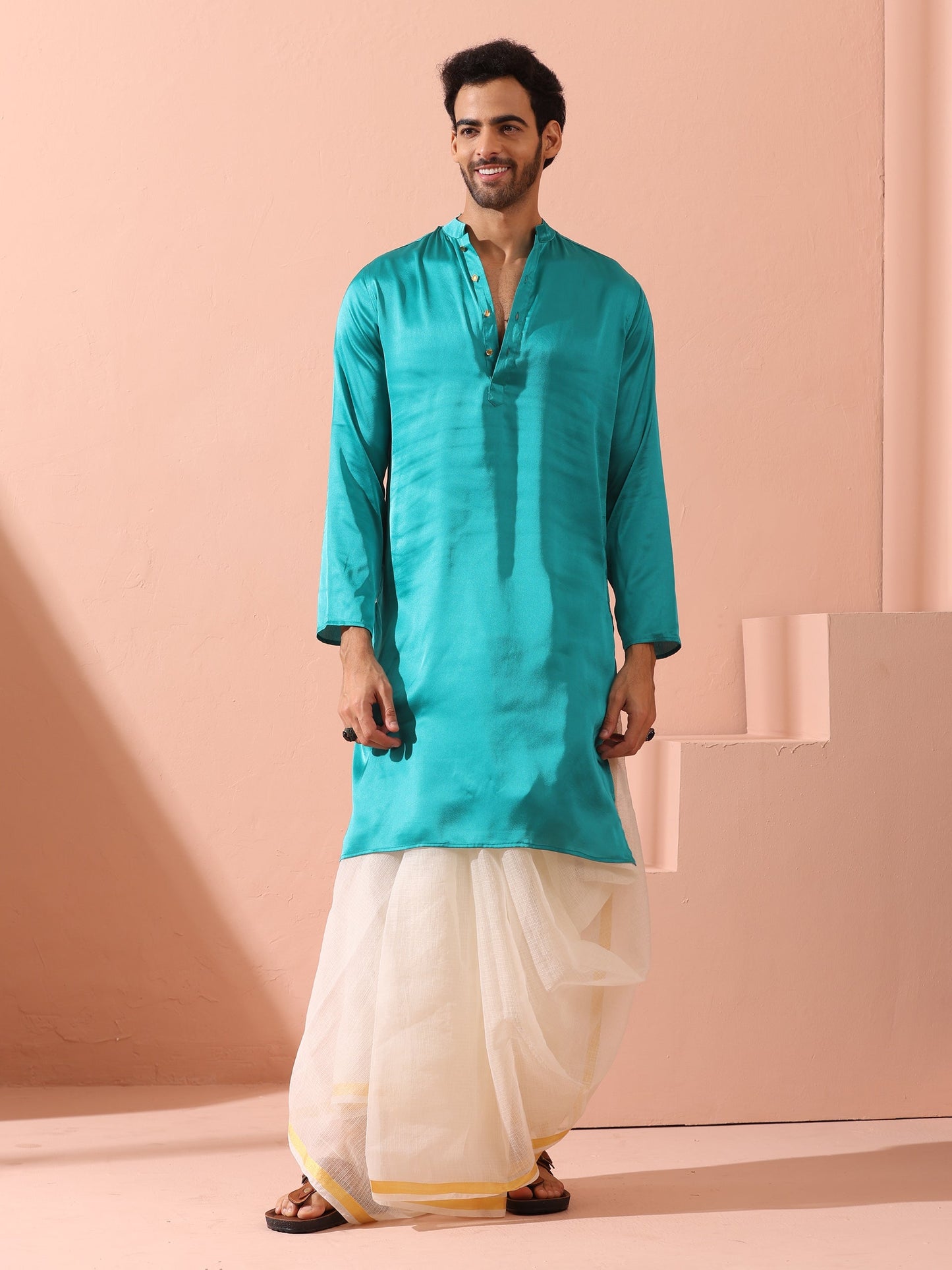 Dhiyona ST Splash Blue Satin Kurta with Gold Buttons