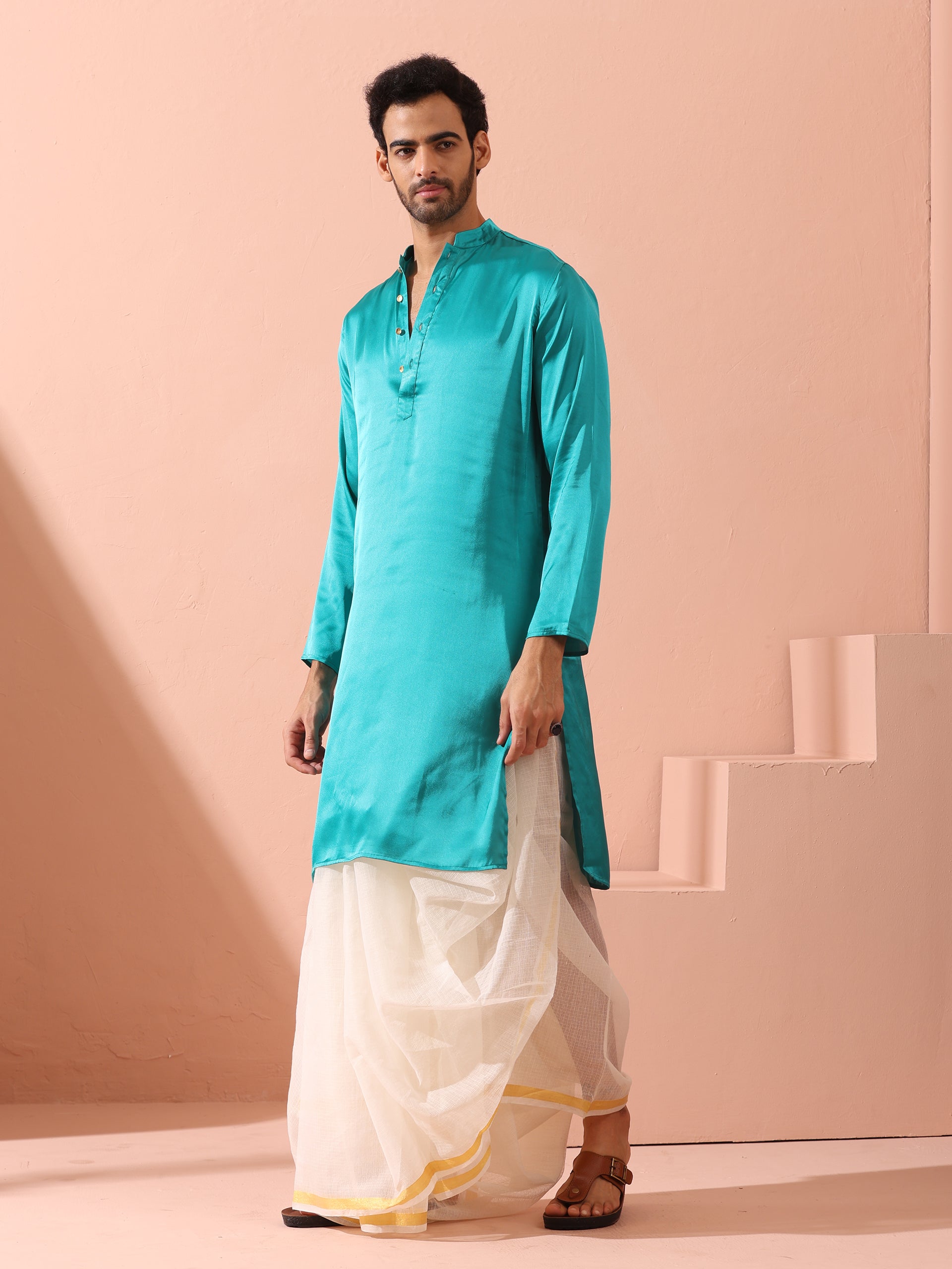 Dhiyona ST Splash Blue Satin Kurta with Gold Buttons