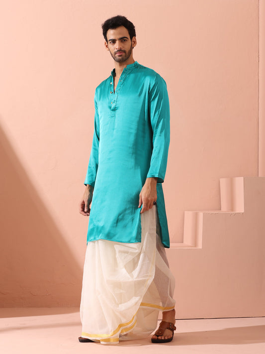 Dhiyona ST Splash Blue Satin Kurta with Gold Buttons