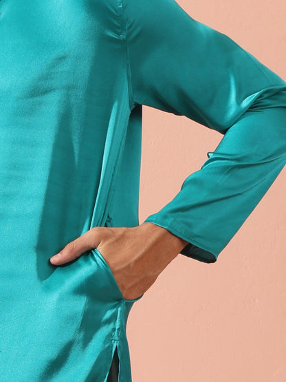 Dhiyona ST Splash Blue Satin Kurta with Gold Buttons