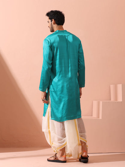Dhiyona ST Splash Blue Satin Kurta with Gold Buttons