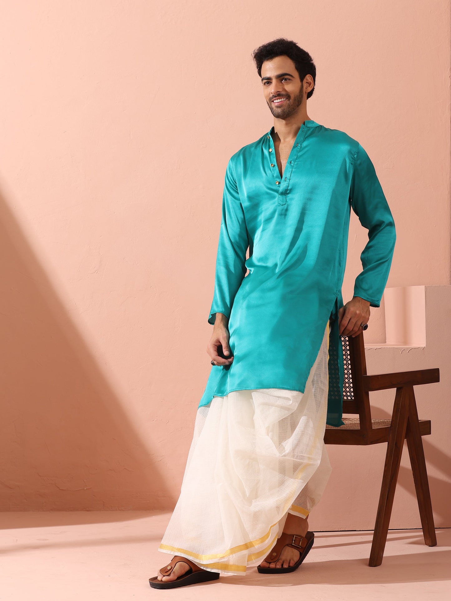Dhiyona ST Splash Blue Satin Kurta with Gold Buttons