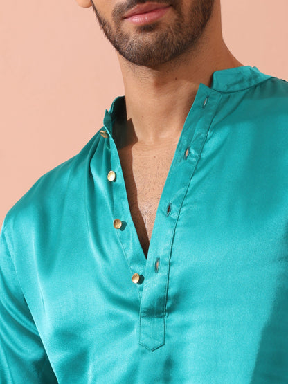 Dhiyona ST Splash Blue Satin Kurta with Gold Buttons