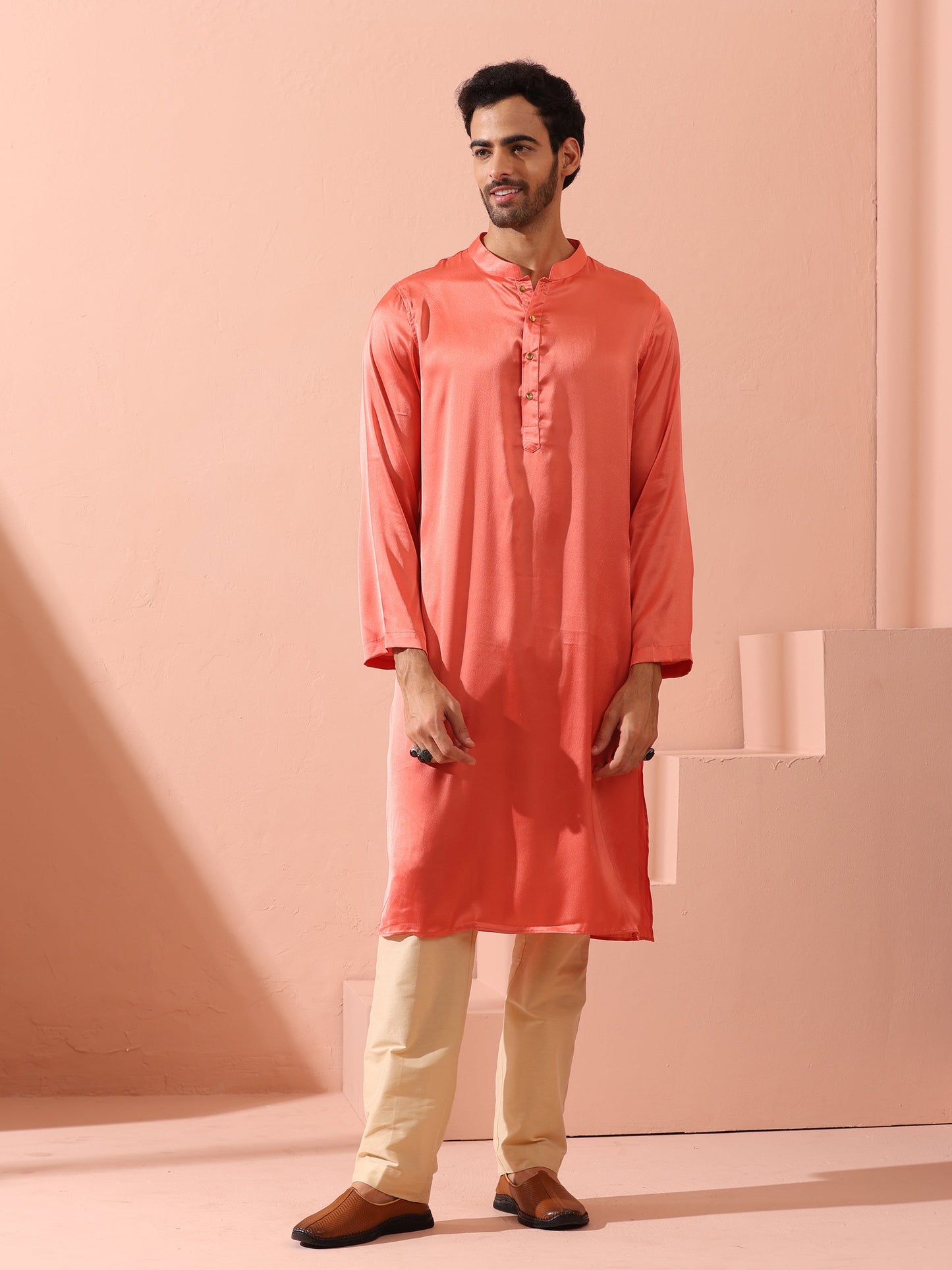 Dhiyona ST Rose Orange Satin Kurta with Gold Buttons