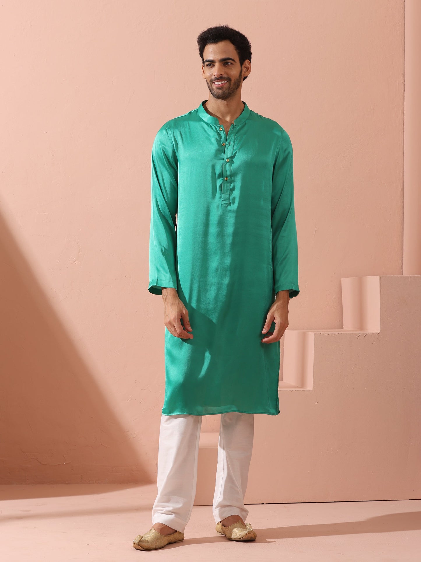 Dhiyona ST Hamilton Green Satin Kurta with Gold Buttons