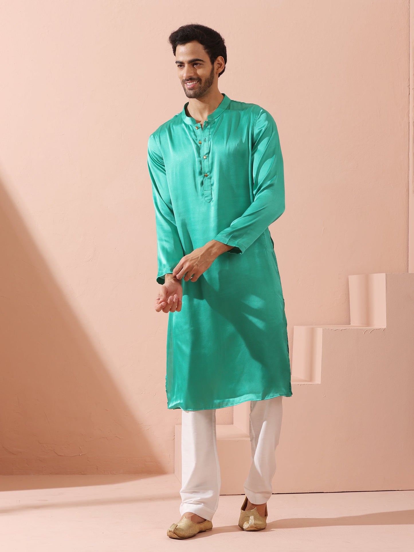 Dhiyona ST Hamilton Green Satin Kurta with Gold Buttons