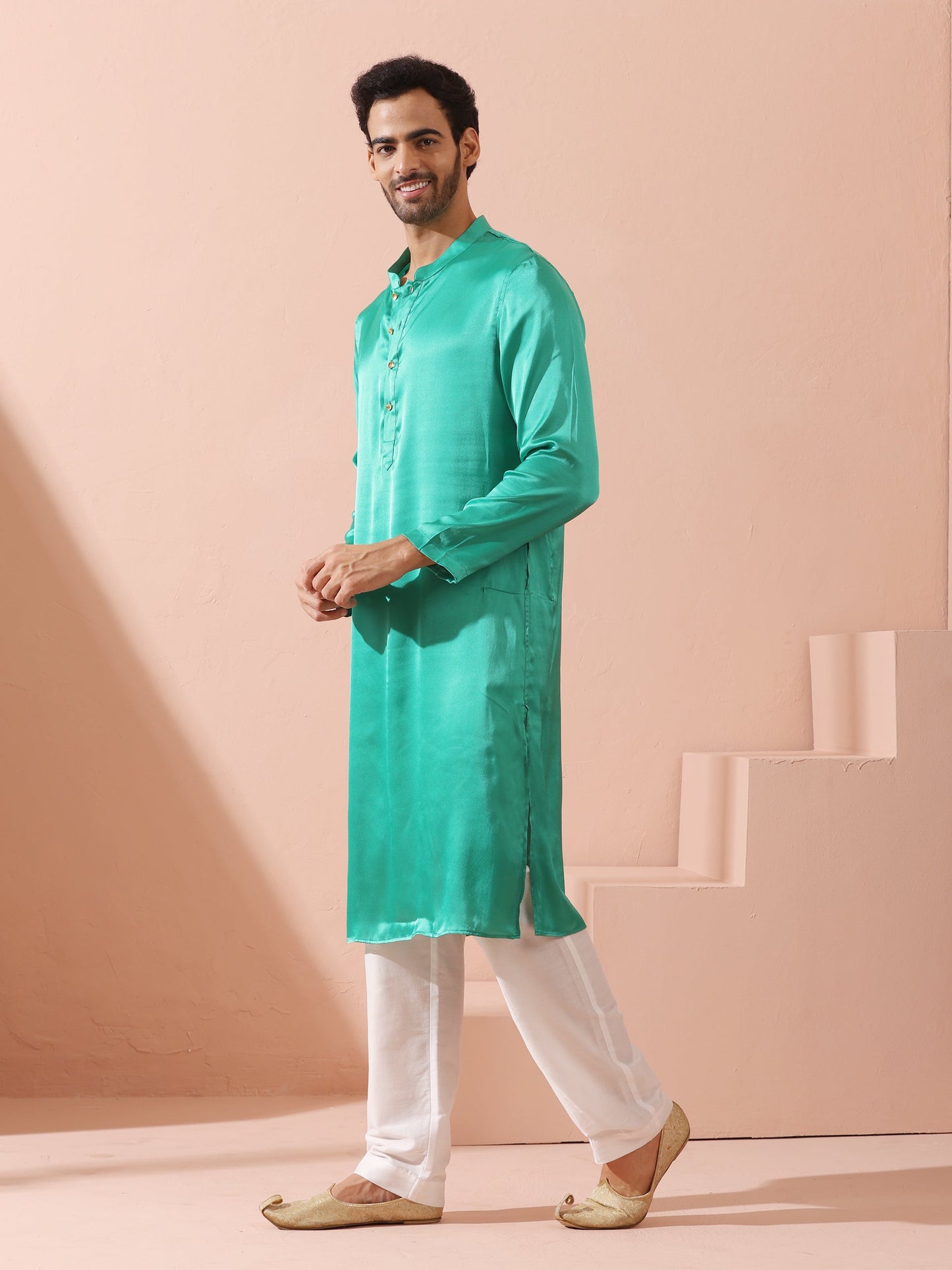 Dhiyona ST Hamilton Green Satin Kurta with Gold Buttons
