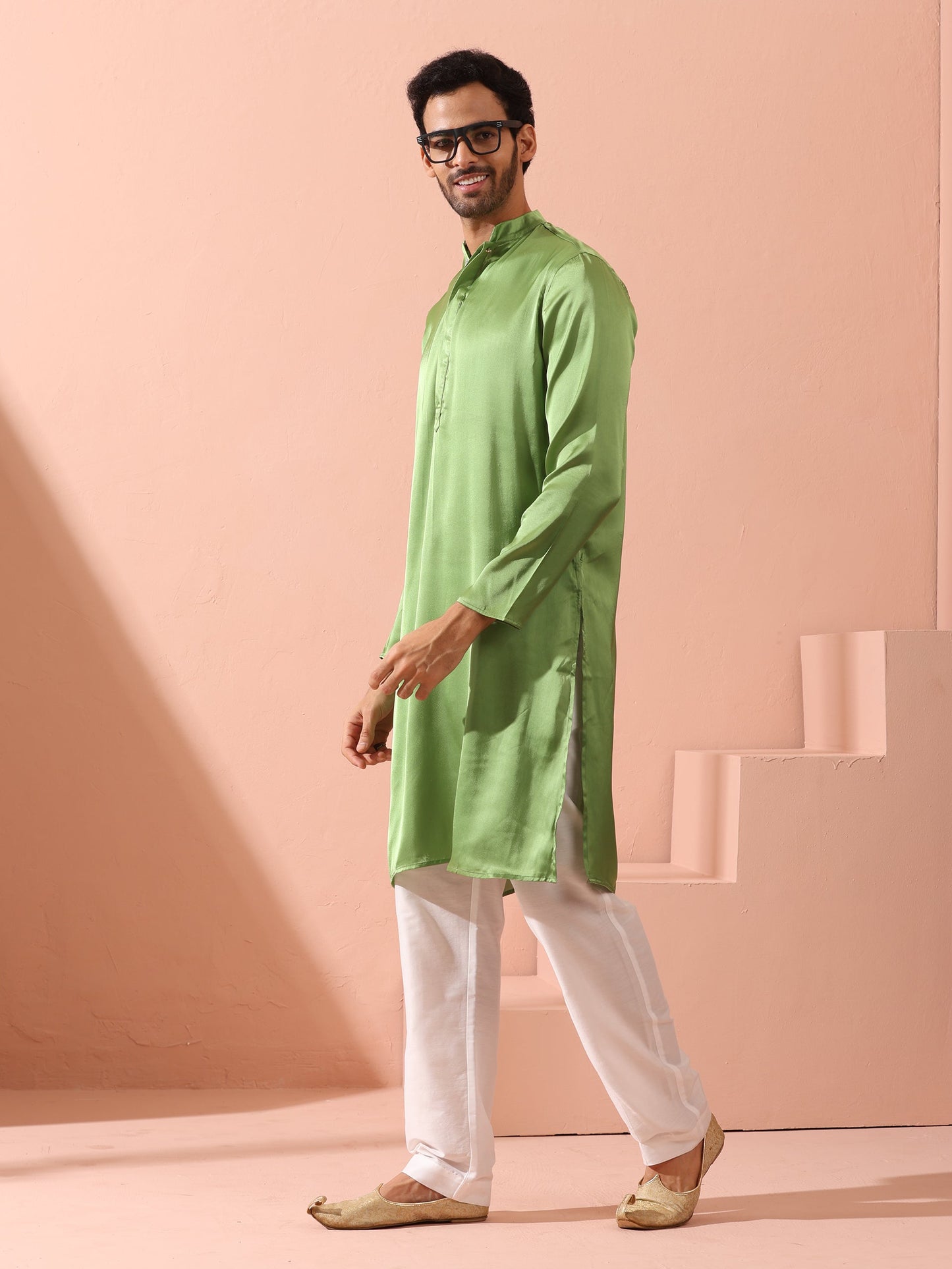 Dhiyona ST Green Apple Satin Kurta with Hidden Placket