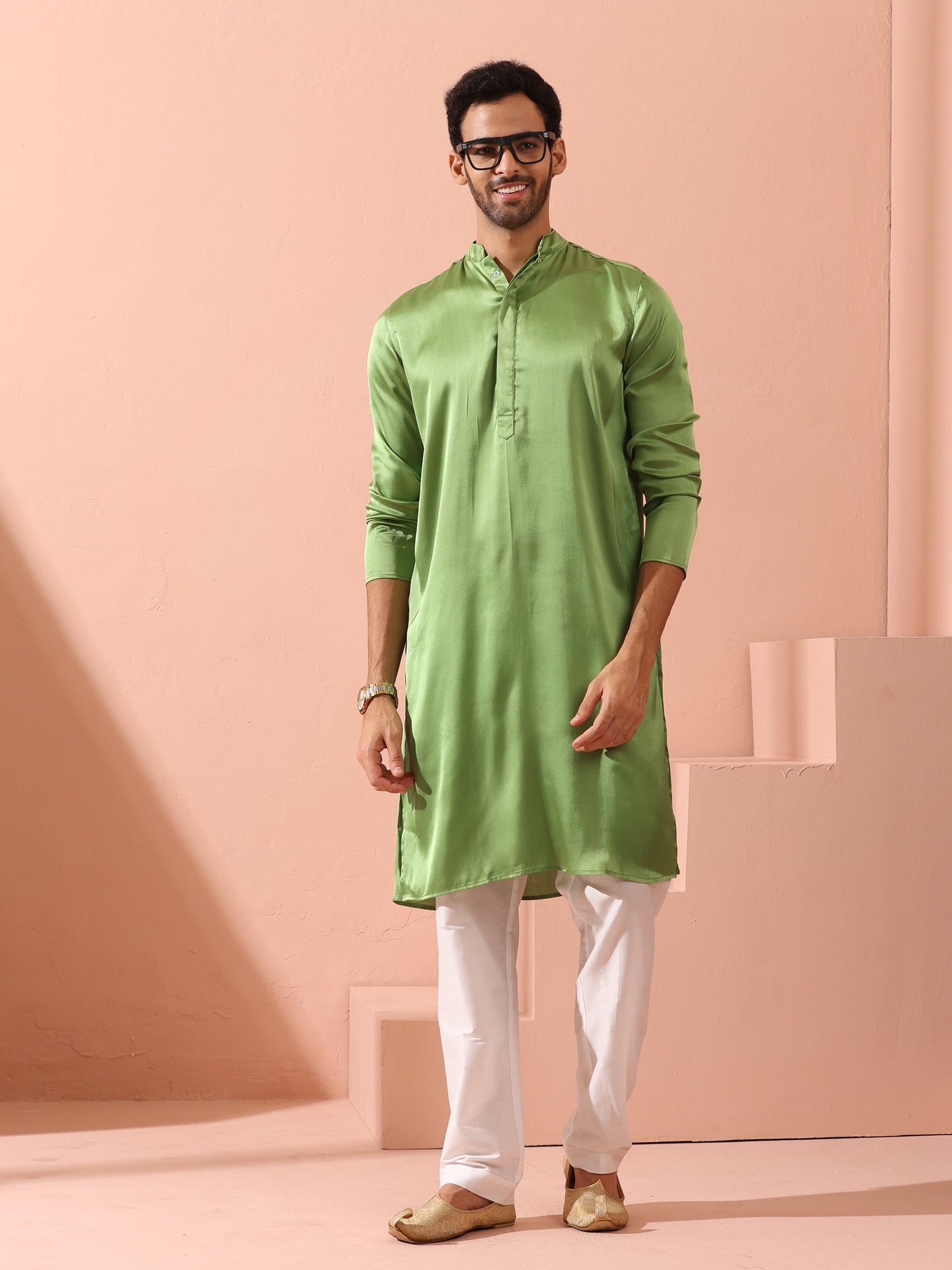 Dhiyona ST Green Apple Satin Kurta with Hidden Placket