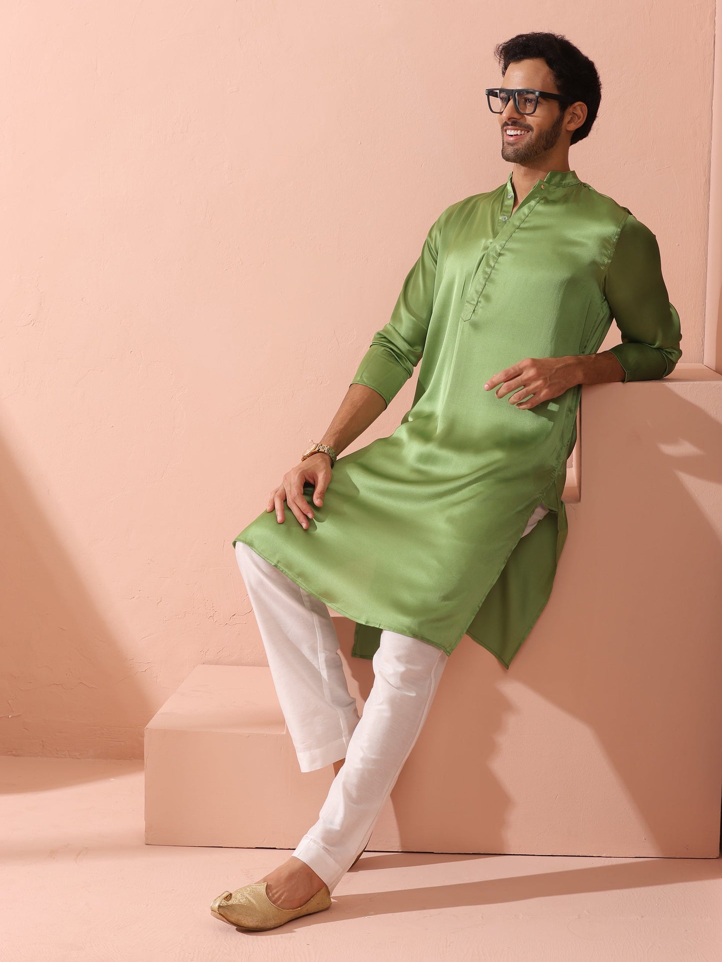 Dhiyona ST Green Apple Satin Kurta with Hidden Placket