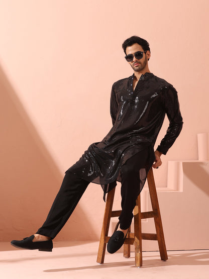 Dhiyona ST Debonair Black Sequin Kurta with Hidden Placket