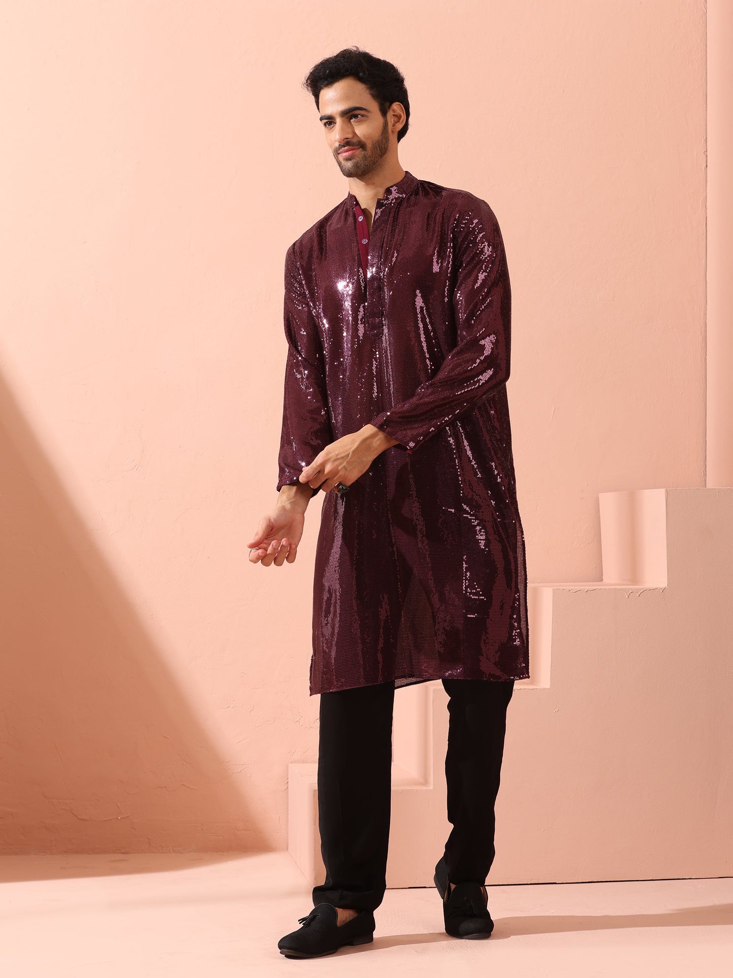 Dhiyona ST Wine Sequin Kurta with Hidden Placket