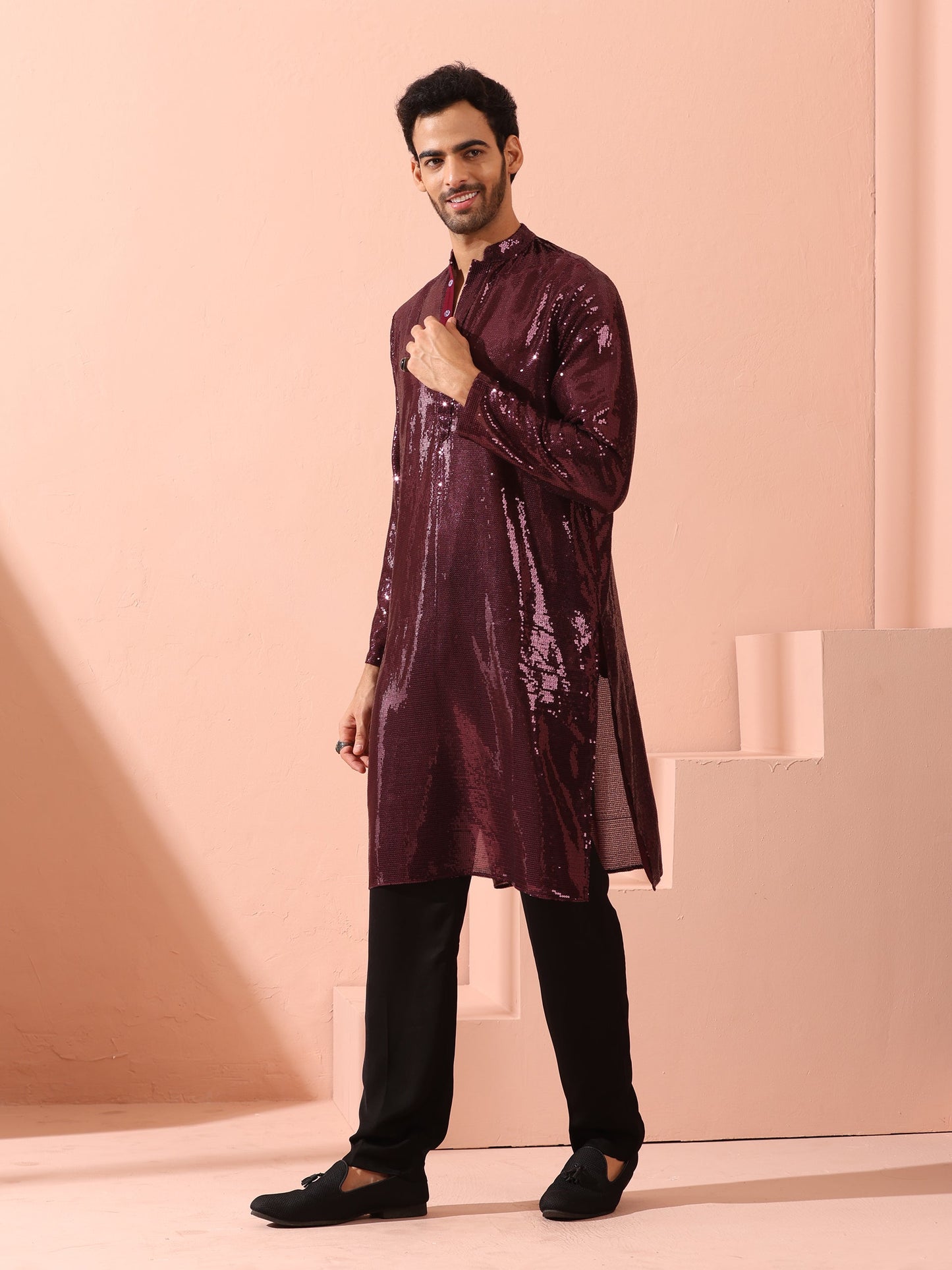 Dhiyona ST Wine Sequin Kurta with Hidden Placket