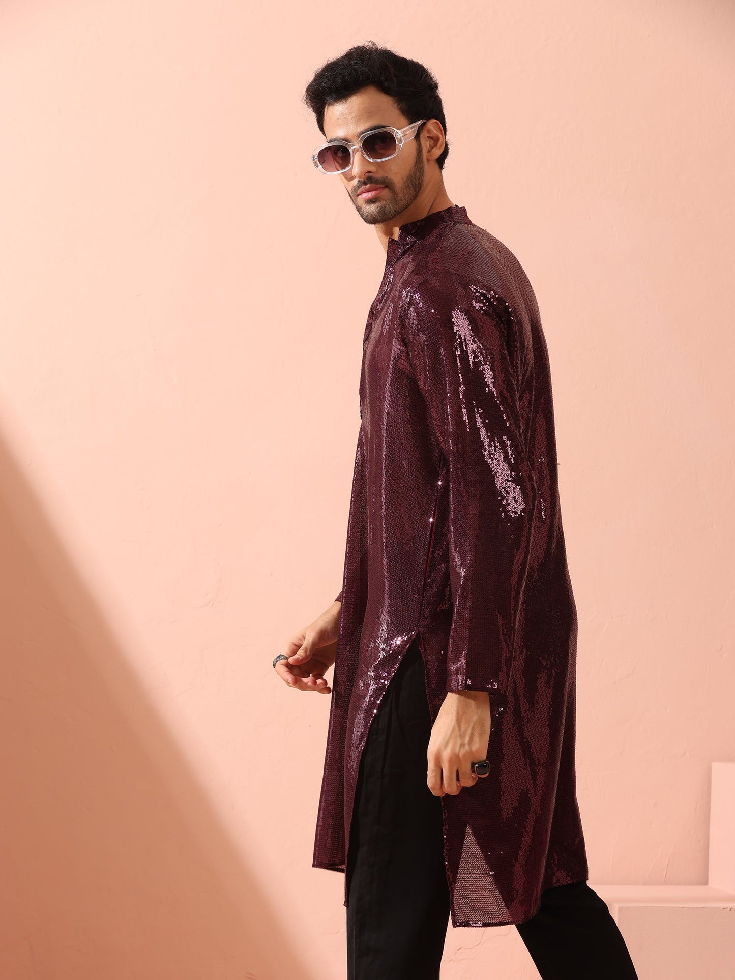 Dhiyona ST Wine Sequin Kurta with Hidden Placket
