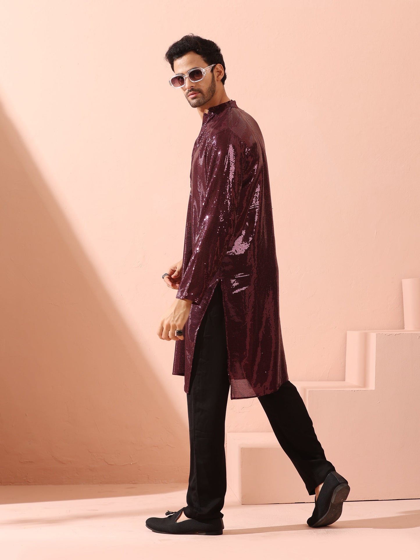 Dhiyona ST Wine Sequin Kurta with Hidden Placket