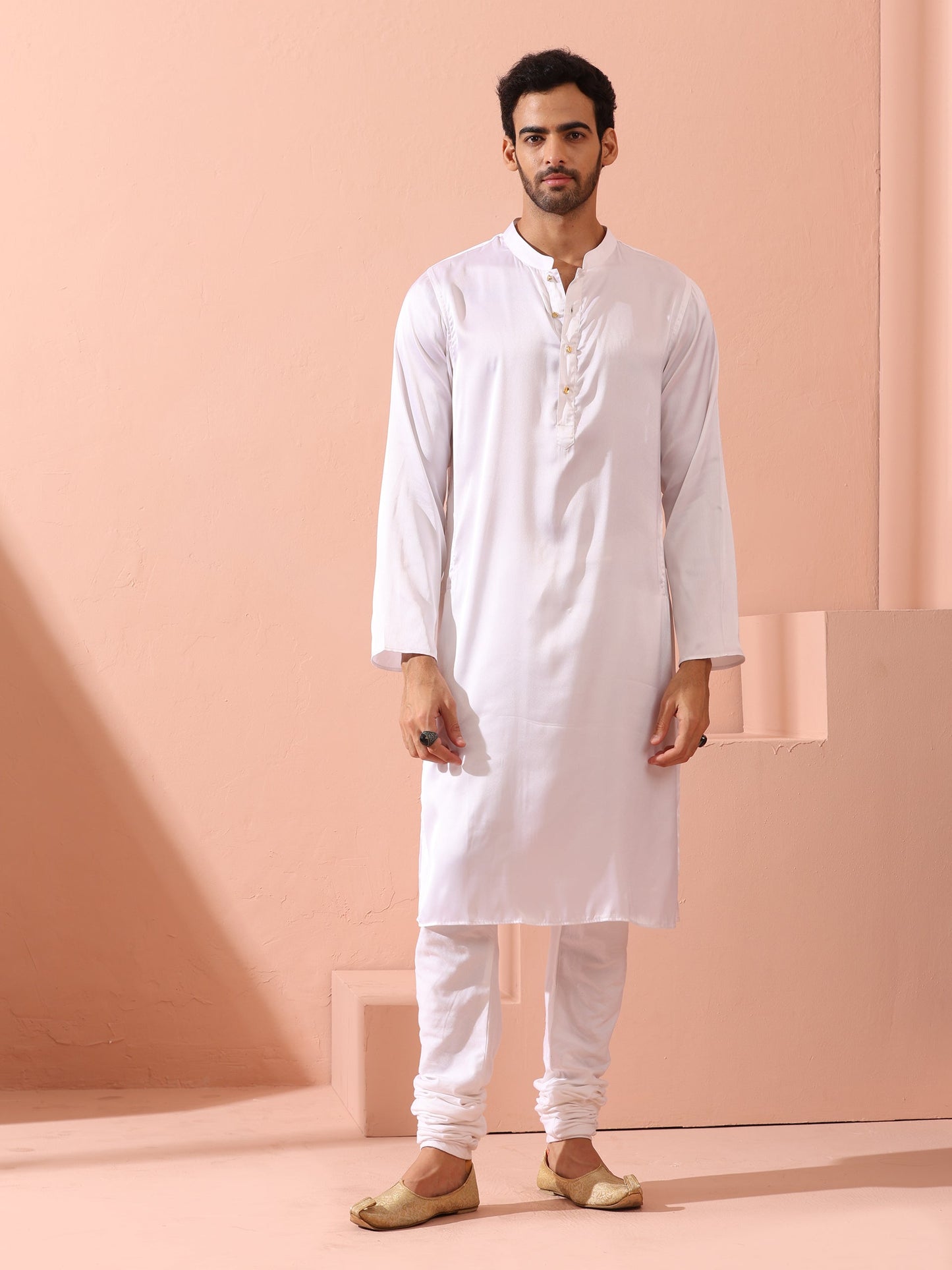 Dhiyona ST Sufi White Satin Kurta with Gold Buttons