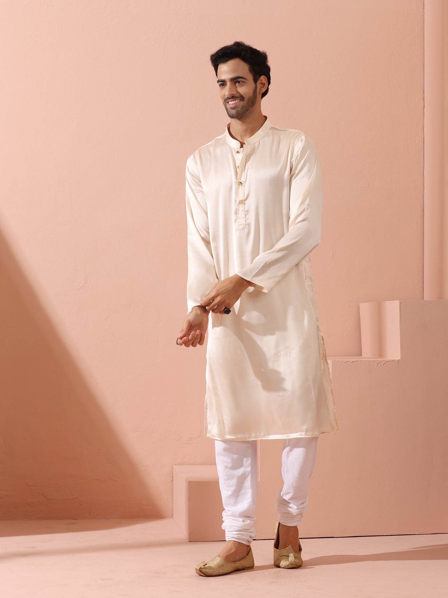 Dhiyona ST Rose Cream Satin Kurta with Gold Buttons