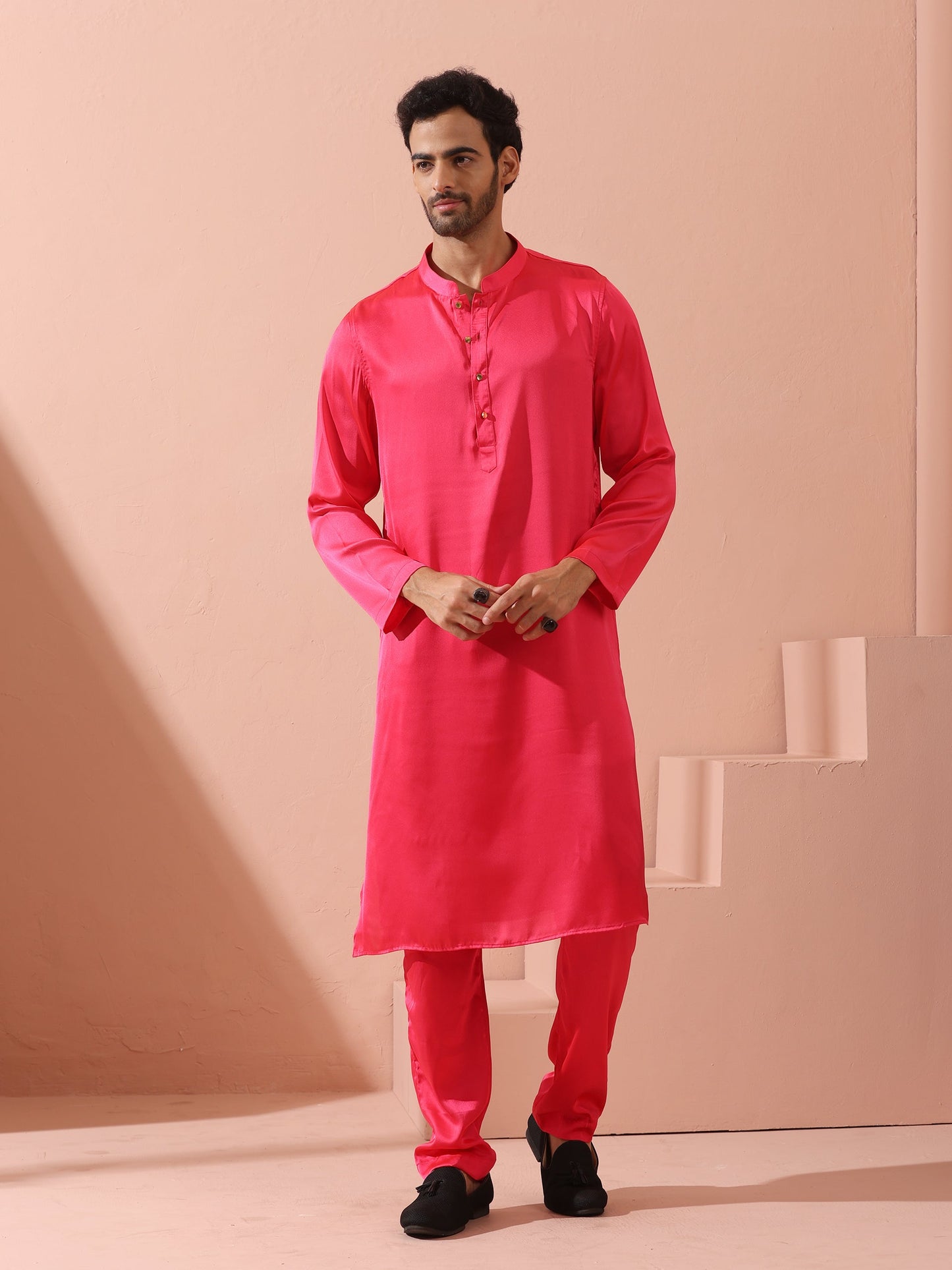 Dhiyona ST Ruby Pink Satin Kurta with Gold Buttons