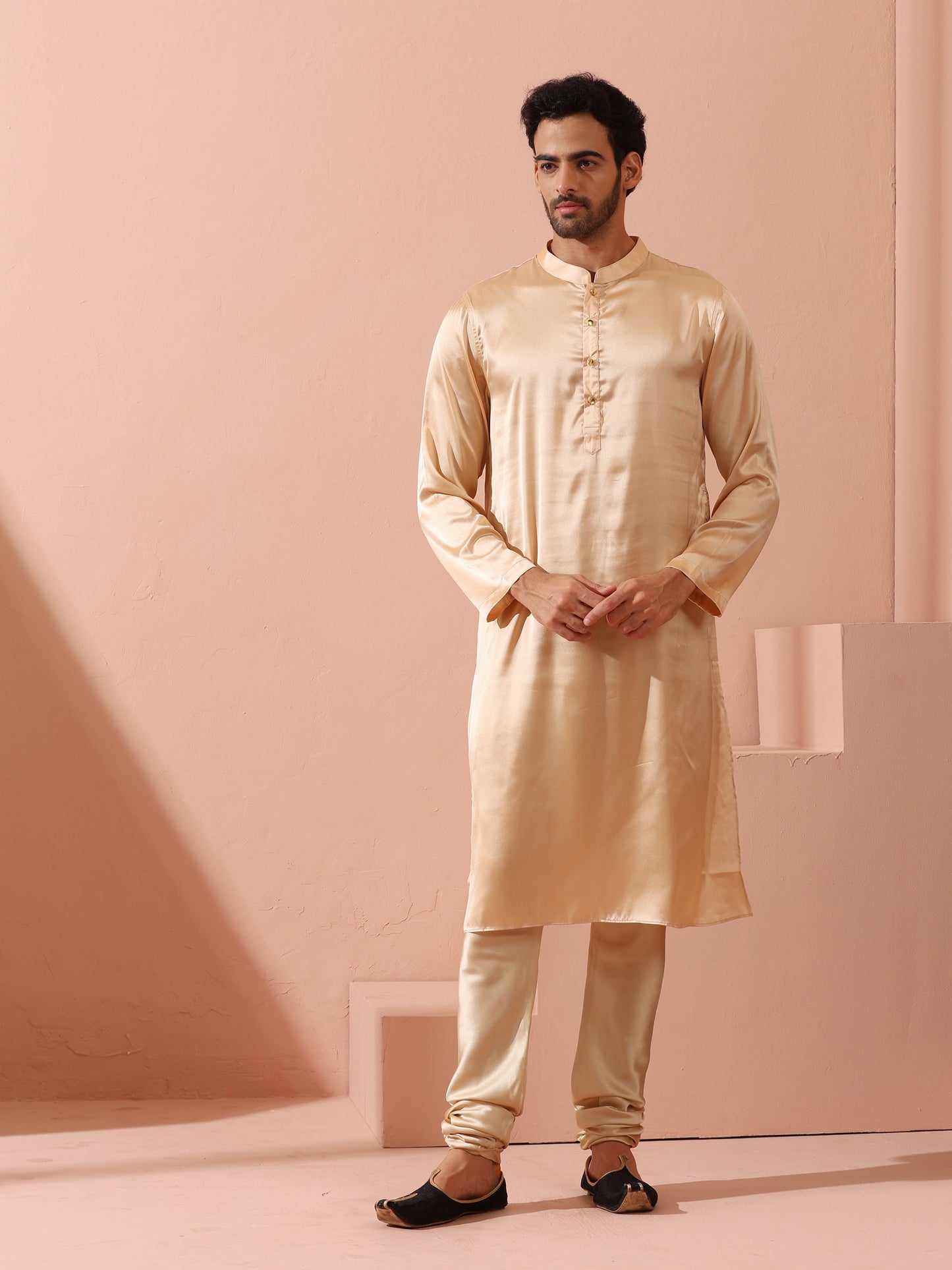 Dhiyona ST Fawn Satin Kurta with Gold Buttons