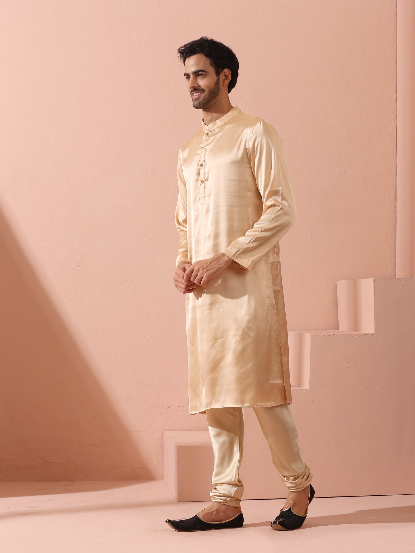 Dhiyona ST Fawn Satin Kurta with Gold Buttons