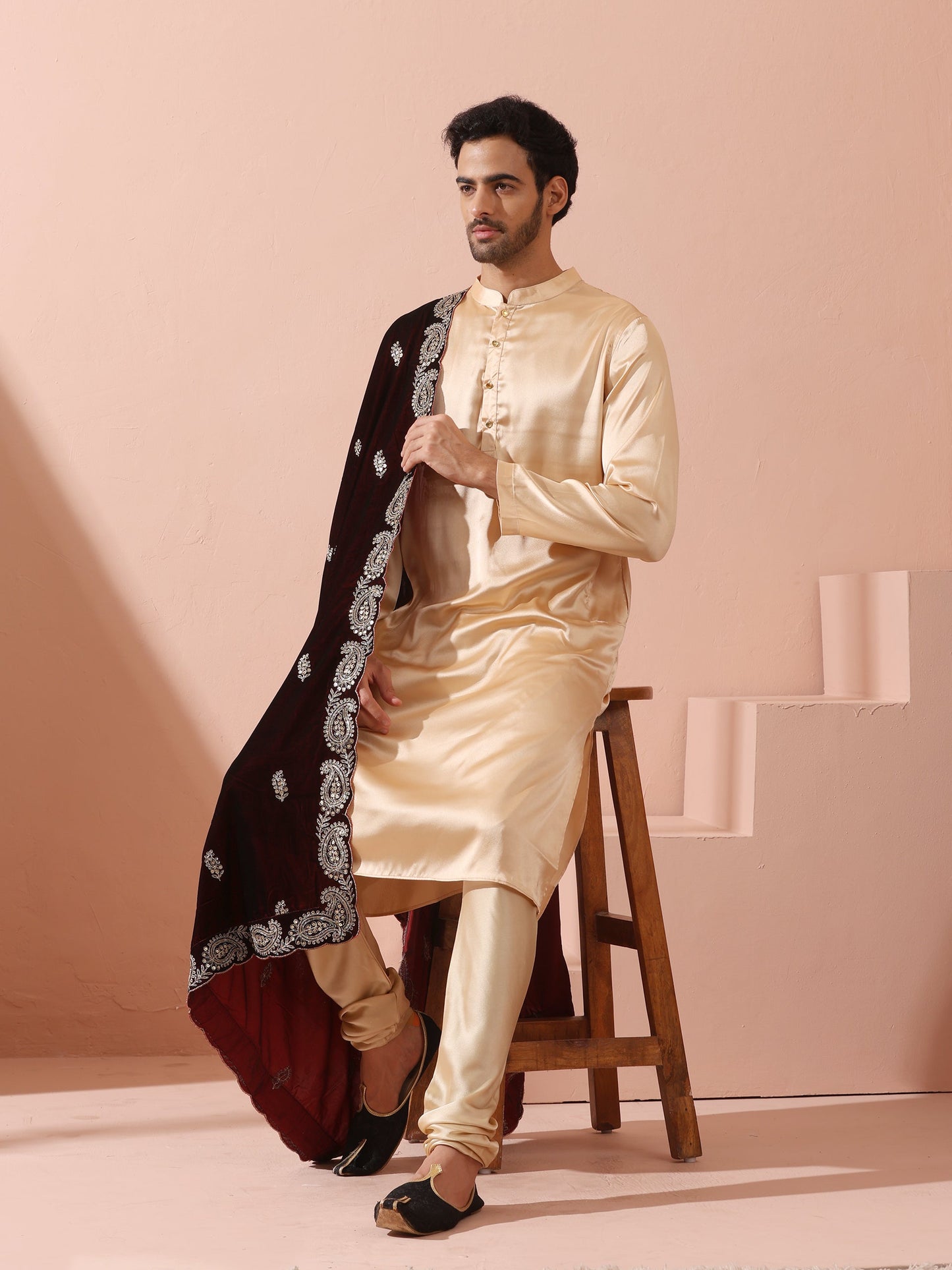 Dhiyona ST Fawn Satin Kurta with Gold Buttons