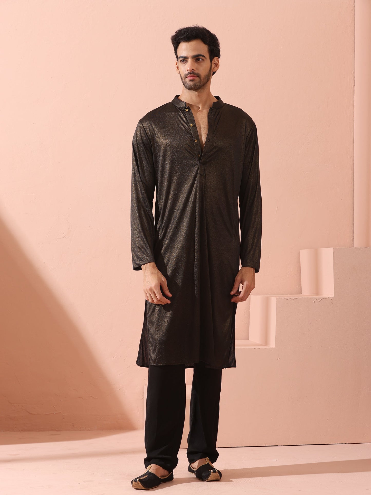 Dhiyona ST Black Gold Knit Kurta with Gold Buttons