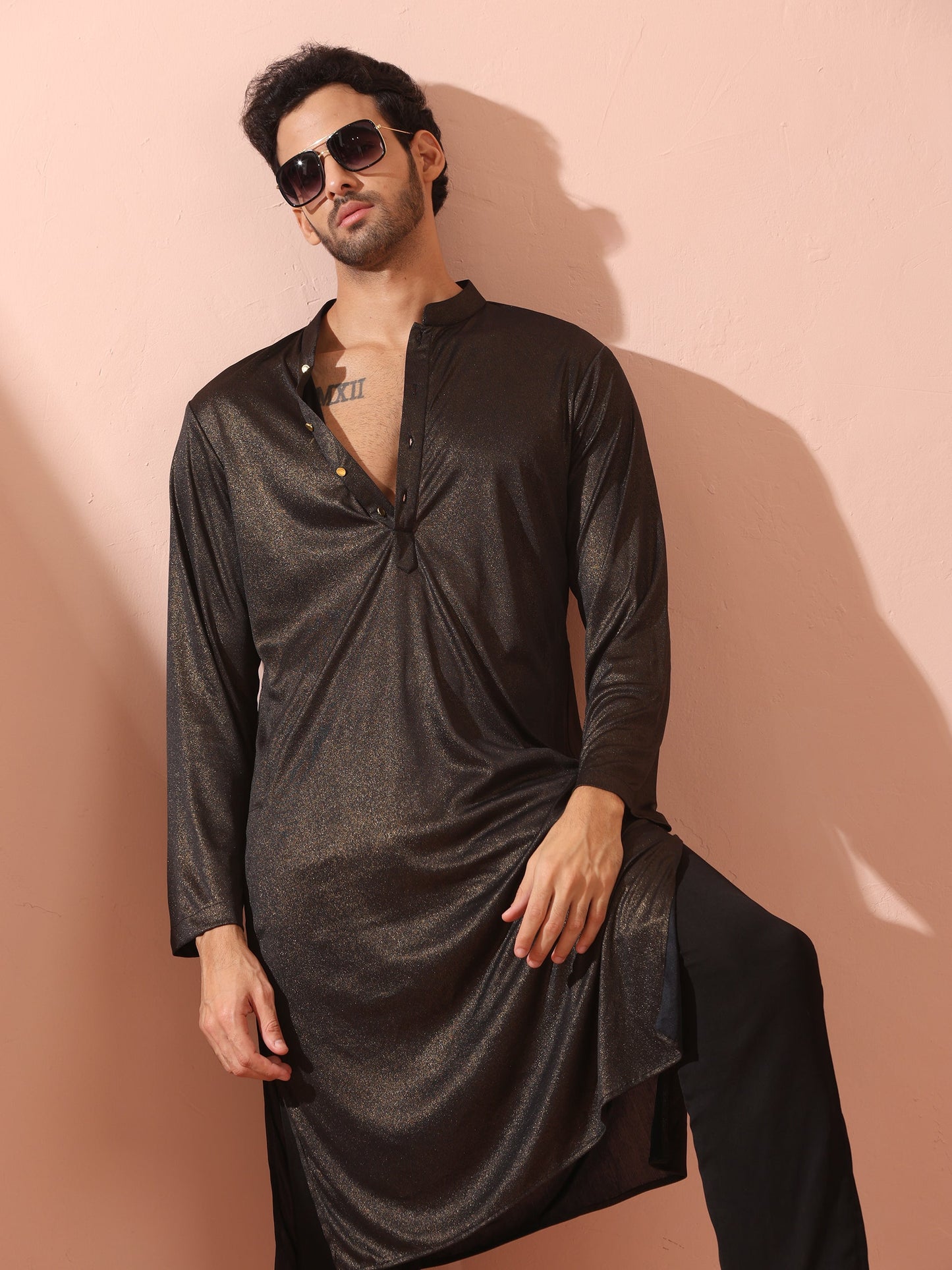 Dhiyona ST Black Gold Knit Kurta with Gold Buttons