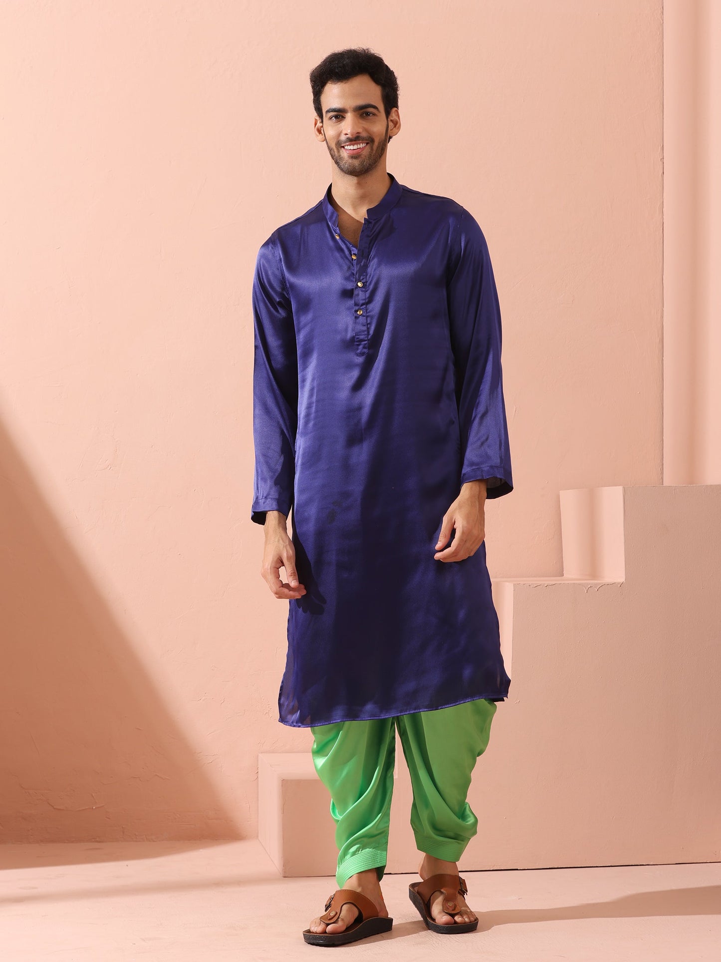 Dhiyona ST Defy Royal Blue Satin Kurta with Gold Buttons