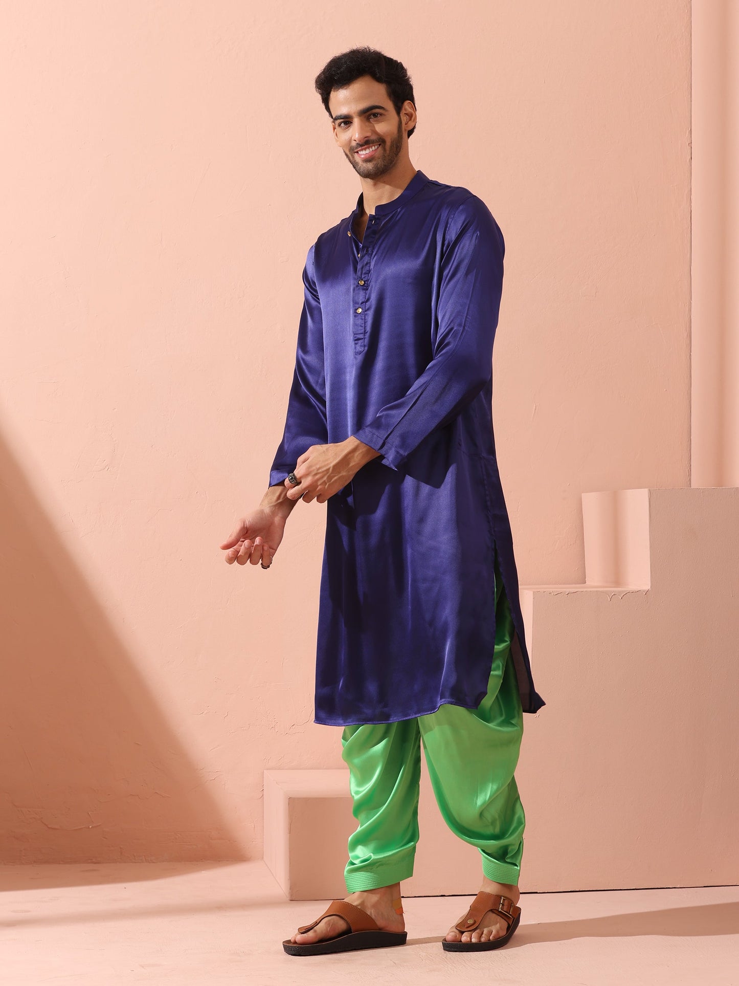 Dhiyona ST Defy Royal Blue Satin Kurta with Gold Buttons